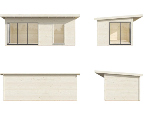 Abri de jardin en bois avec fenêtre et porte sous différents angles