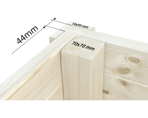 Gros plan de la construction en bois avec les dimensions 44 mm, 19 x 95 mm et 70 x 70 mm.