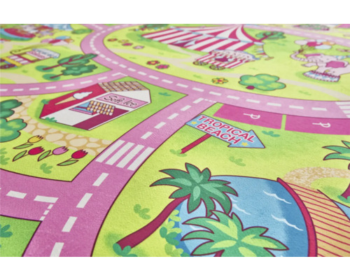 Spielteppich mit Strassen, Eisdiele, Zirkus und Strandmotiven