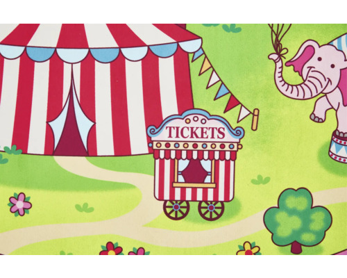 Illustration einer Zirkusszene mit Zelt, Kasse und Elefant