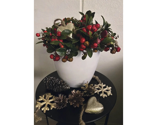 Arrangement décoratif avec des baies rouges et des feuilles vertes dans un pot blanc, décoré de pommes de pin, de flocons de neige et de cœurs sur une table.