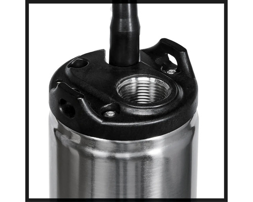 Vue détaillée d''une pompe submersible en acier inoxydable avec un couvercle en plastique noir.