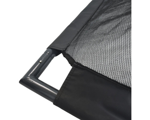 Vue détaillée d''un trampoline avec cadre, filet et protection de bord.