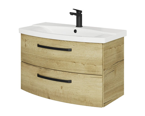 Meuble sous-vasque avec deux tiroirs, lavabo et robinet