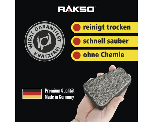 Rakso Logo, Reinigungsschwamm mit dem Hinweis reinigt trocken, schnell sauber, ohne Chemie und dem Siegel Wirkt garantiert kratzfrei, hergestellt in Deutschland.