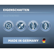 Produktmerkmale: ohne Zuckerzusatz, ohne Farbstoffe, ohne Gentechnik, ohne Soja, glutenfrei, hergestellt in Deutschland