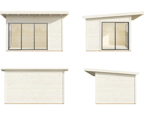 Différentes vues d''un abri de jardin avec toit plat et fenêtres coulissantes.