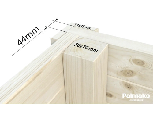 Detailansicht einer Holzecke mit Maßangaben: 44 Millimeter, 19 mal 95 Millimeter und 70 mal 70 Millimeter. Palmako Logo.