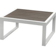 Table de jardin carrée avec aspect bois sur le plateau