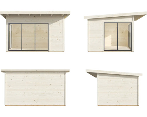 Vues d''un abri de jardin avec toit plat et porte coulissante