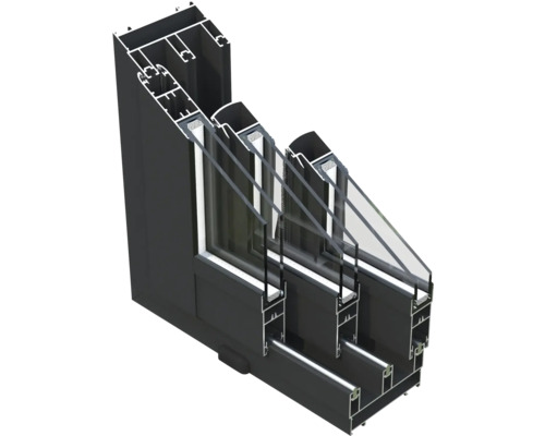 Coupe transversale d''un cadre de fenêtre en aluminium avec triple vitrage