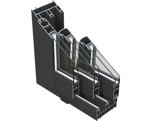 Coupe transversale d''une fenêtre en aluminium avec vitrage multiple pour montrer la structure.