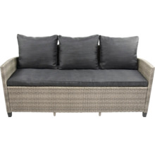 Rattan Gartenbank mit grauen Kissen und Polstern für drei Personen
