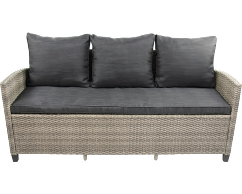 Rattan Gartenbank mit grauen Kissen und Polstern für drei Personen