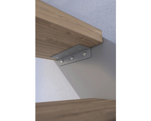 Équerre d''étagère en métal pour fixer une étagère en bois à un mur.