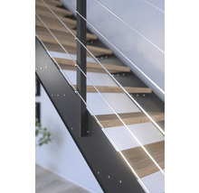 Vue détaillée d''un escalier avec marches en bois et garde-corps avec câbles en acier.
