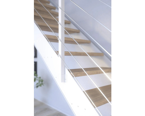 Escalier avec garde-corps à câbles en acier inoxydable et marches en bois