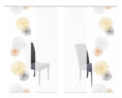 Panneau coulissant avec motif de cercles abstraits et chaises dans la pièce