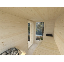 Vue intérieure d''un sauna avec lambris, bancs et poêle