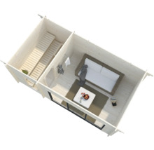 Vue de dessus d''une maison de jardin avec sauna et espace de vie avec canapé et table