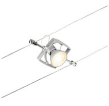 Luminaire sur câble argenté avec un point lumineux.