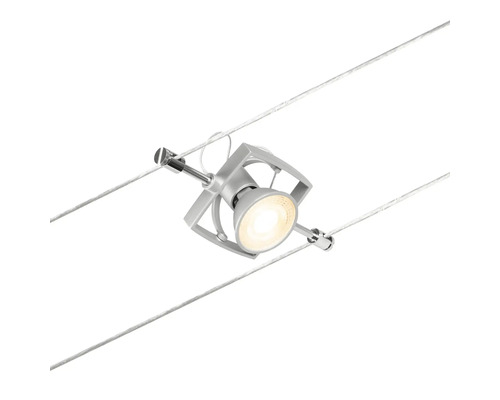 Luminaire sur câble argenté avec un point lumineux.