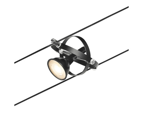 Schwarzes Seilsystem mit einem Strahler zur flexiblen Beleuchtung.