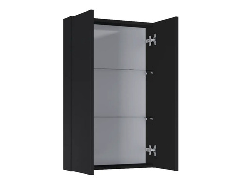 Armoire de salle de bain ouverte avec trois étagères en verre