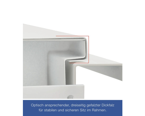 Detailansicht einer dreiseitig gefalzten Kante für stabilen Sitz im Rahmen