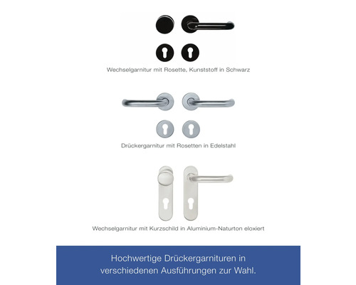 Türdrückergarnituren in verschiedenen Ausführungen: Kunststoffrosette, Edelstahlrosette und Aluminium-Kurzschild