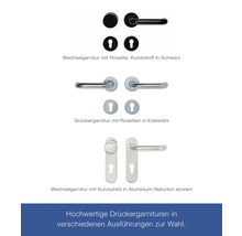 Türdrückergarnituren in verschiedenen Ausführungen: Kunststoffrosette in Schwarz, Edelstahlrosette und Kurzschild in Aluminium natur eloxiert.