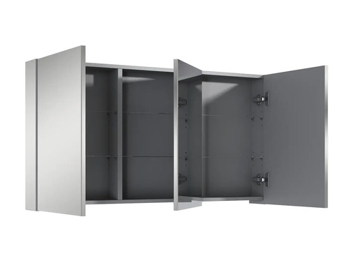 Armoire de toilette ouverte avec trois portes et étagères en verre pour la salle de bain