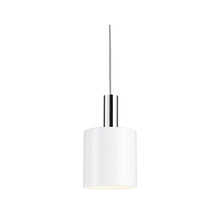 Lampe suspendue blanche avec abat-jour cylindrique.