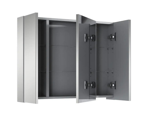 Armoire de toilette ouverte avec trois portes et étagères