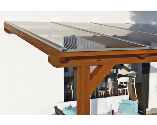 Auvent de terrasse avec structure en bois et toit transparent
