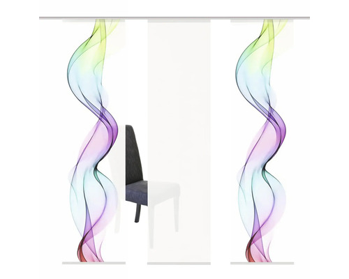 Panneaux japonais avec motif ondulé abstrait et coloré devant une chaise