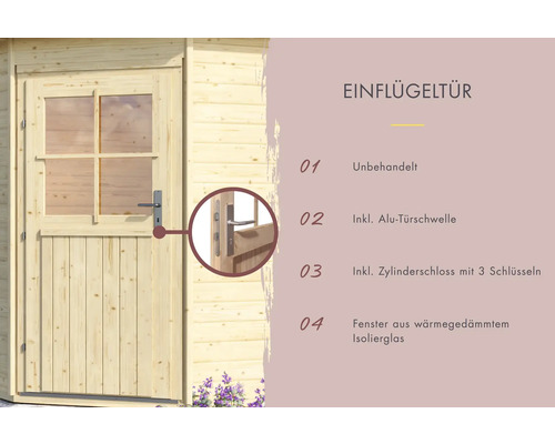 Holztür mit Fenster, Aluminiumtürschwelle und Zylinderschloss