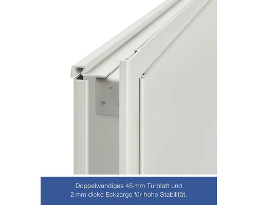 Detailansicht einer Tür mit doppelwandigem 45 Millimeter Türblatt und 2 Millimeter dicker Eckzarge für hohe Stabilität.