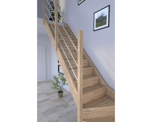 Escalier en bois avec rampe en métal dans une pièce lumineuse