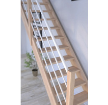 Escalier en bois avec barreaux de rampe blancs dans une pièce lumineuse