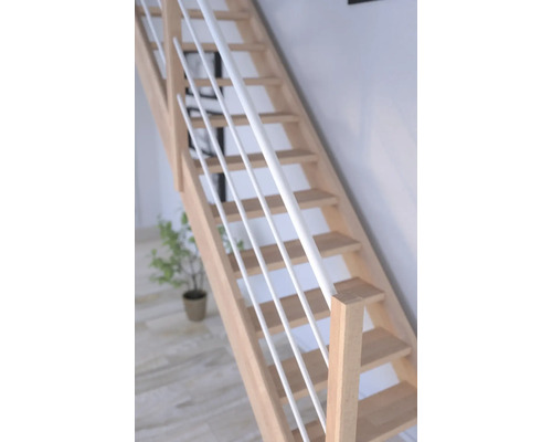 Escalier en bois avec barreaux de balustrade blancs dans une pièce lumineuse