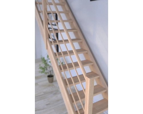 Escalier en bois avec rampe dans une pièce lumineuse.