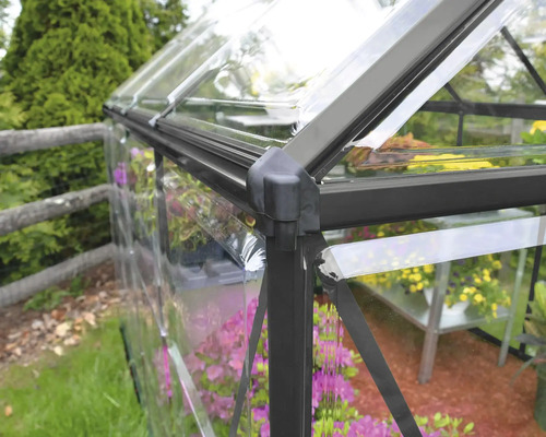 Gros plan d''une serre avec vitrage clair et cadre foncé.