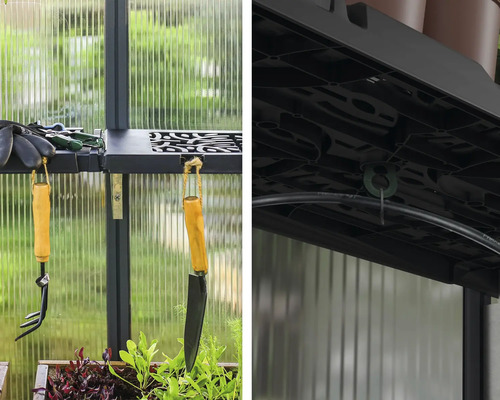 Detailaufnahme von Gartengeräten und Innenausstattung in einem Gewächshaus