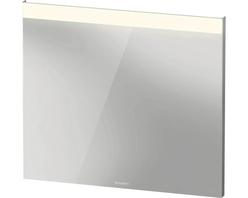 Miroir de salle de bain rectangulaire avec éclairage intégré et logo Duravit.