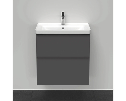 Meuble-lavabo gris avec deux tiroirs et un lavabo.