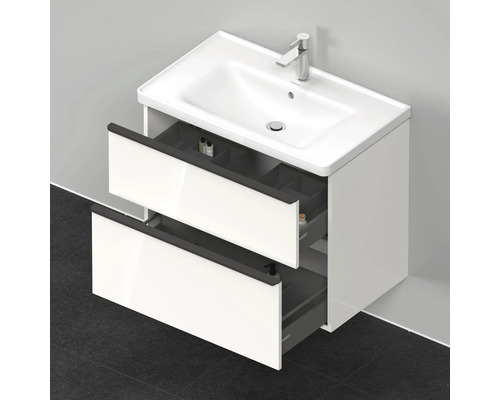 Meuble sous-lavabo avec deux tiroirs ouverts et lavabo