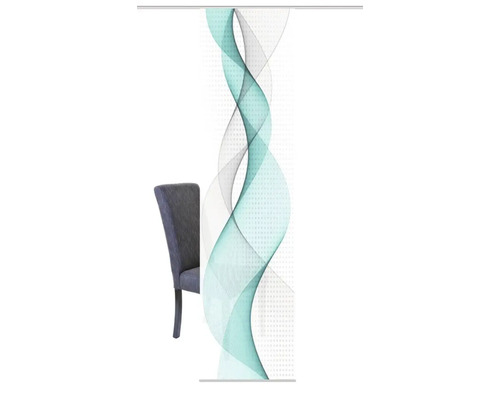 Rollbild mit abstraktem Wellenmuster neben einem Stuhl