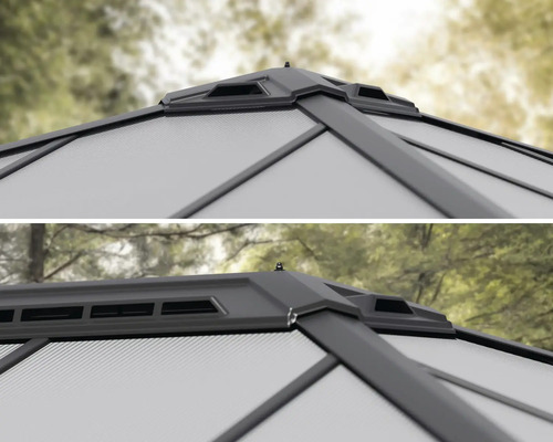 Vue détaillée du toit d''un pavillon avec des ouvertures de ventilation