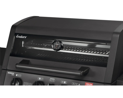 Détail du barbecue à gaz Enders Monroe Pro avec thermomètre et fenêtre de contrôle